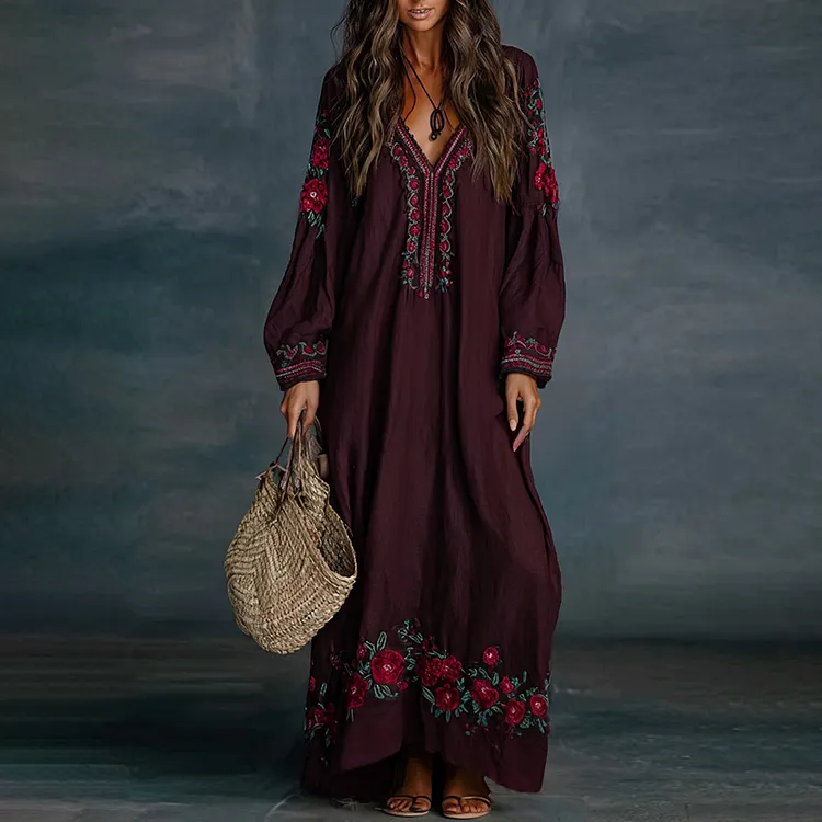 Women's Vintage Floral Art Print Flowy Linen Blend Casual Long Sleeve Maxi Dress