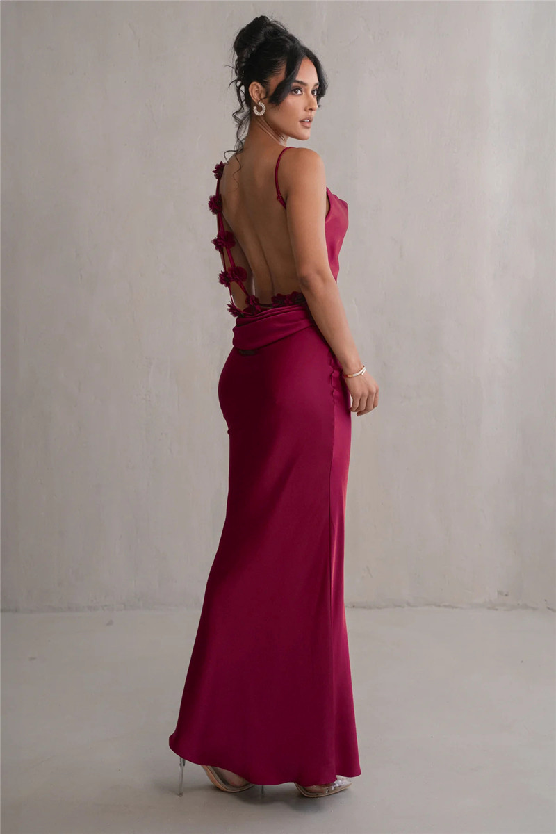 Ootddress Floral Draped Backless Maxi Long Dress For Women Fashion Spaghetti Strap Sleeveless Bodycon Evening Party Dress Elegant