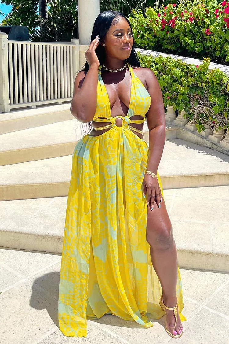 Deep V Neck Halter Alloy Chain Cut Out Slits Print Vacation Maxi Dresses-Yellow
