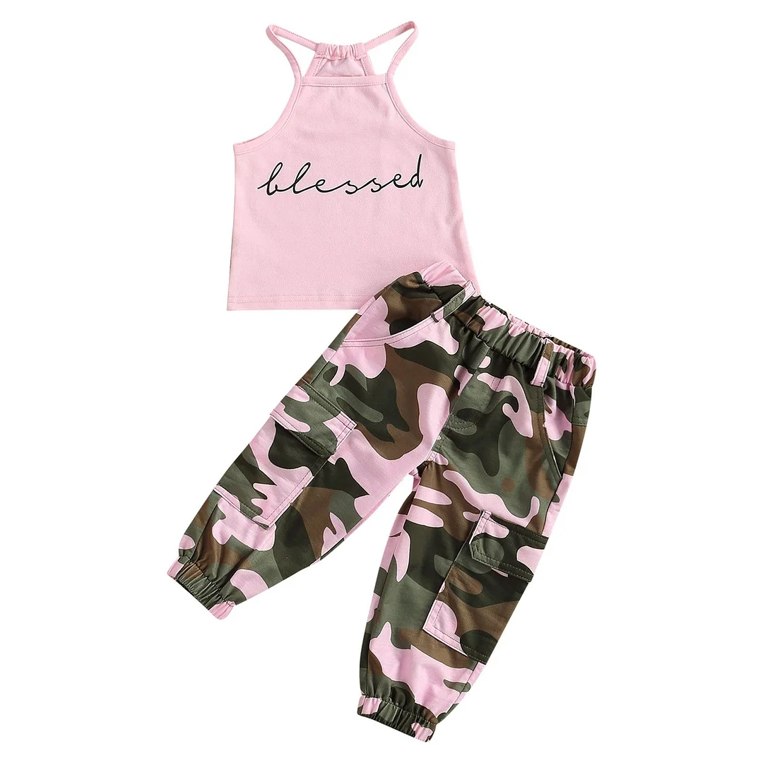 Infant Kids Baby Girl’s 2Pcs Clothes Set, Sleeveless Letter Printed High Neck Halter Tops with Camouflage Printed Long Pants