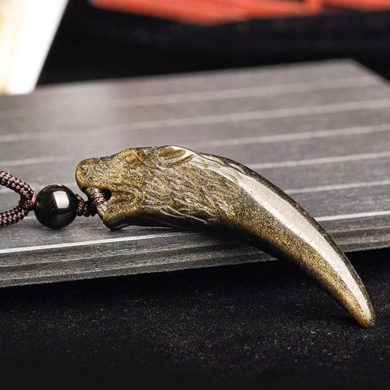 Natural Black Obsidian Ice Obsidian Rainbow Obsidian Wolf Tooth Pattern Strength Necklace Pendant