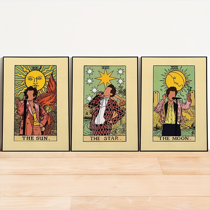 3pcs Retro Sun Tarot Canvas Wall Art Paintings Artwork Wall Painting for Living Room Bedroom Bathroom Home Decor No Frames