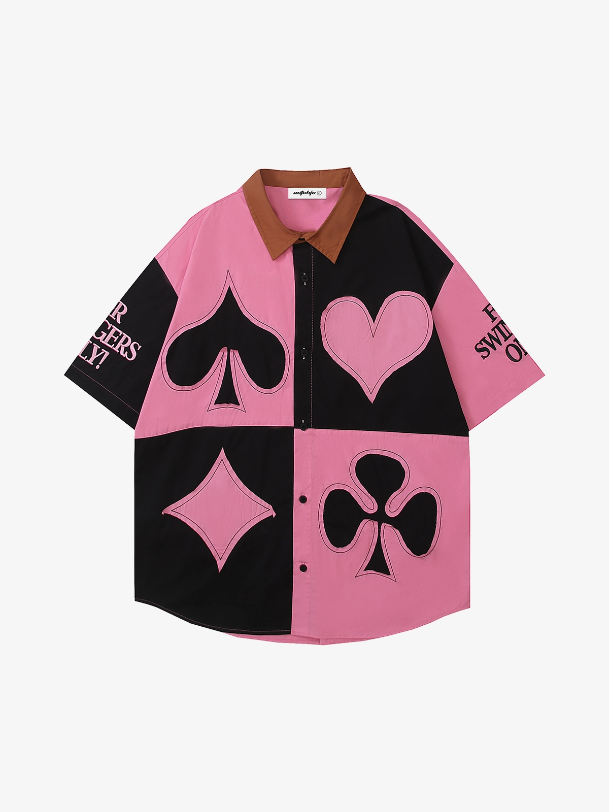 Pink Act Chic Color Block Patch Letter Embroidered Short Sleeve Shirt Front