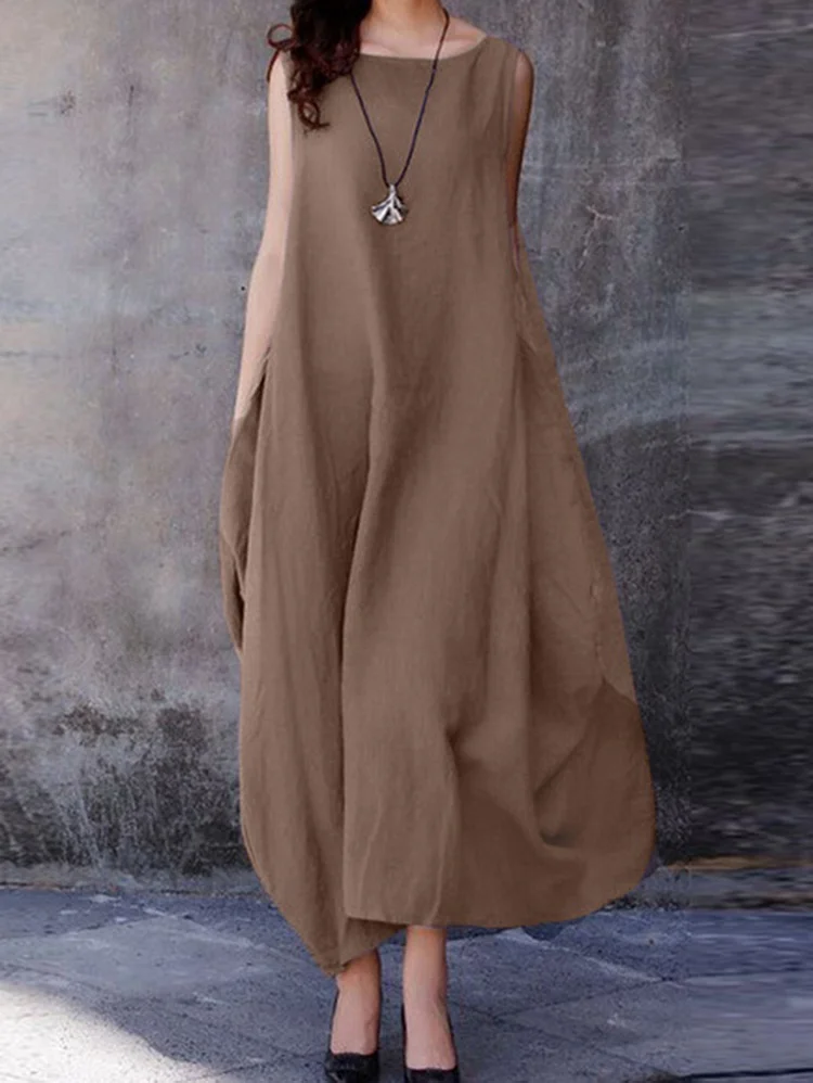 Elegant Plain Crew Neck Slant Pocket Sleeveless Midi Dress