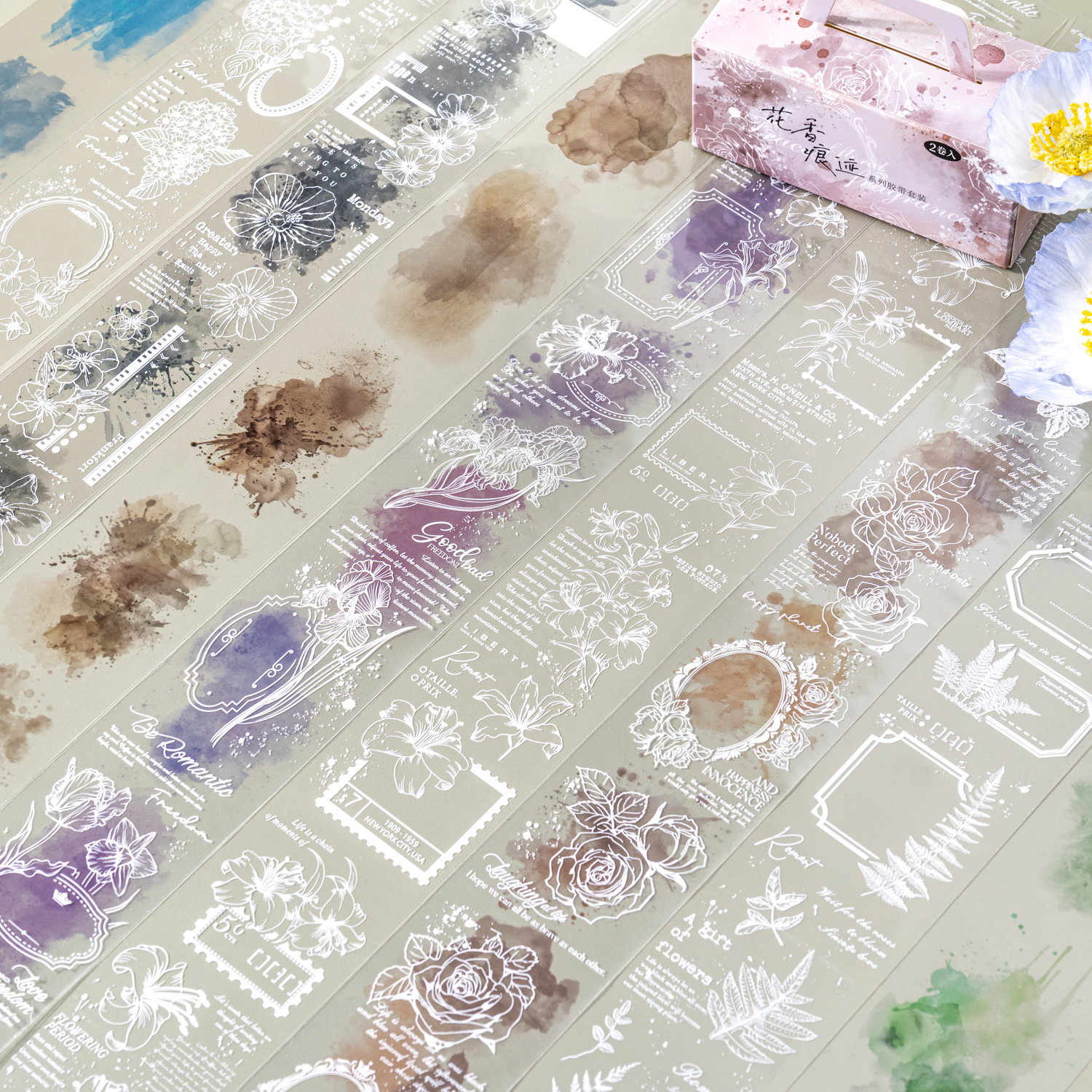 PET 테이프 - 2롤 꽃 향기 추적 시리즈 빈티지 꽃 얼룩