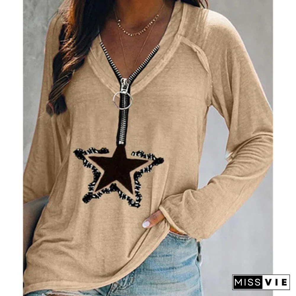 Women's T-shirt Summer Fashion Women's Five-pointed Star Printed Short Sleeve Zipper V-neck Casual T-shirt Loose Plus Size Soft and Comfortable Thin Shirt Top S-3XL