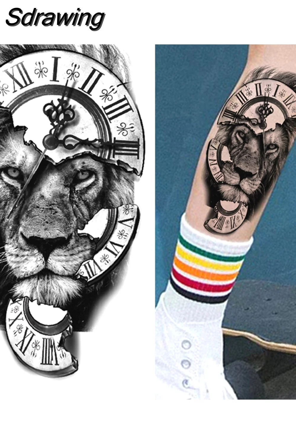 Sdrawing Lion Temporary Tattoo For Women Men Adult Skull Tiger Wolf Forest Tattoo Sticker Black Fake Realistic Demon Tatoos Forearm 430-1