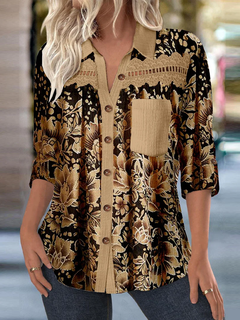 Women Long Sleeve Shirt Collar Floral Printed Graphic Lace Button Pockets Tops