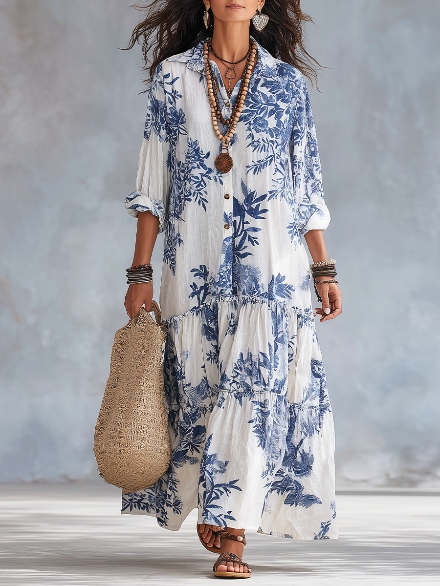 Bohemian Blue Floral Button-down Maxi Dress mysite idetrend