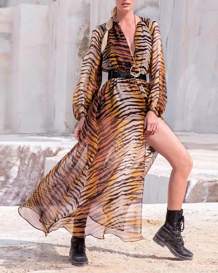 Tiger Print Long Sleeves Maxi Dress