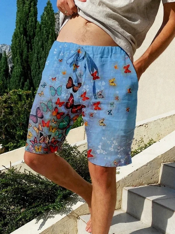 Vintage Pocket Butterfly Printed Beach Shorts Pants
