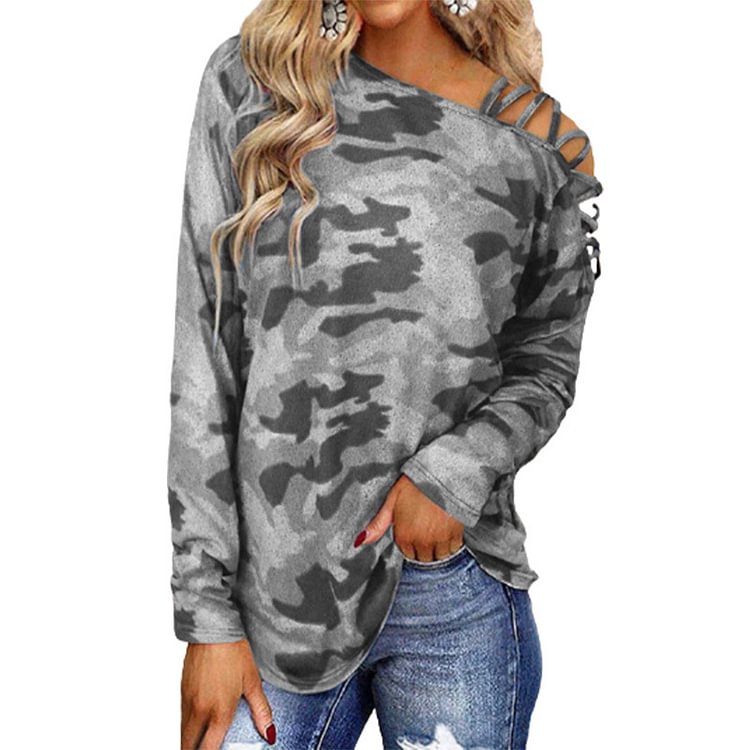 Camouflage T Shirt Tees Autumn Long Sleeve Women Tie Loose T-shirt New Design Tops Tees Casual Female T-shirts Off Shoulder - Shop Trendy Women's Fashion | TeeYours
