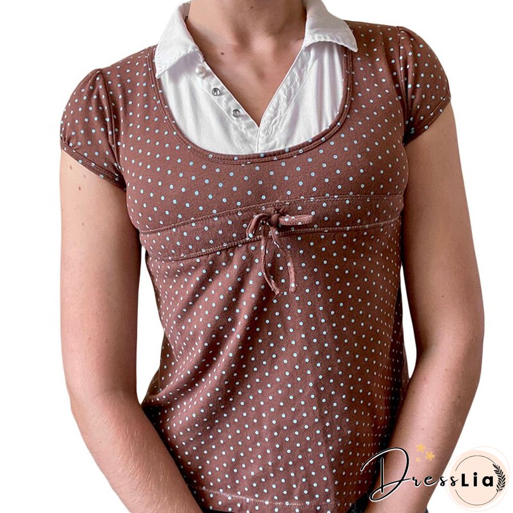 Y2k Polka Dot T Shirt Vintage Women Lapel Neck Short Sleeve Tie Up Tee Top Fairy Grunge Clothes E Girl Streetwear
