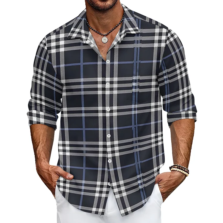 Men's Shirt Blue Checkered Loose Casual Collar Trendy Jacket Shirt