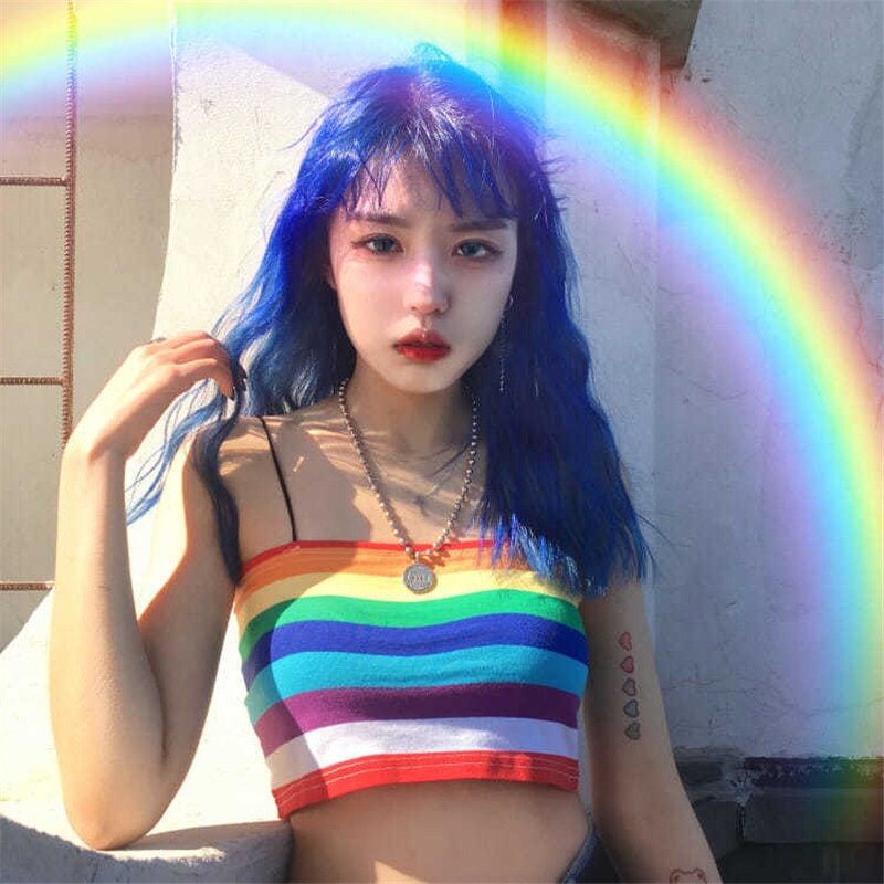 Woman Harajuku sexy T-shirt tshirts gother y2k rainbow tops cartoon Street retro print camisole clothes ultrashort tshirt New