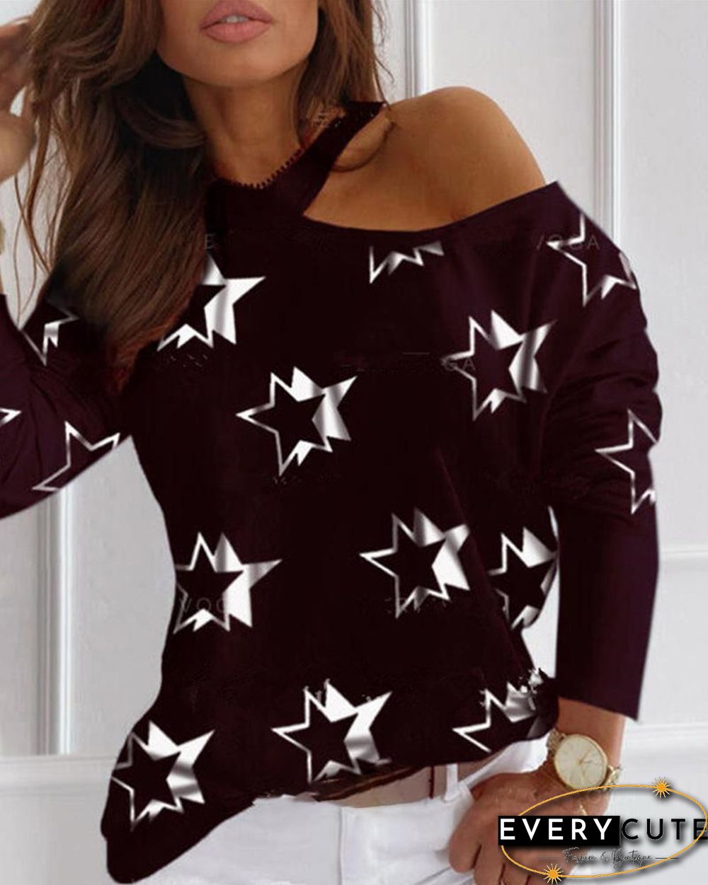 Star Print Cold Shoulder Casual T-shirt P15476