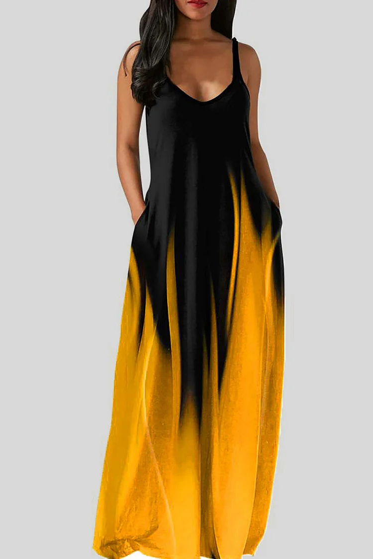 Gold Casual Print Patchwork Spaghetti Strap Sling Dress Dresses