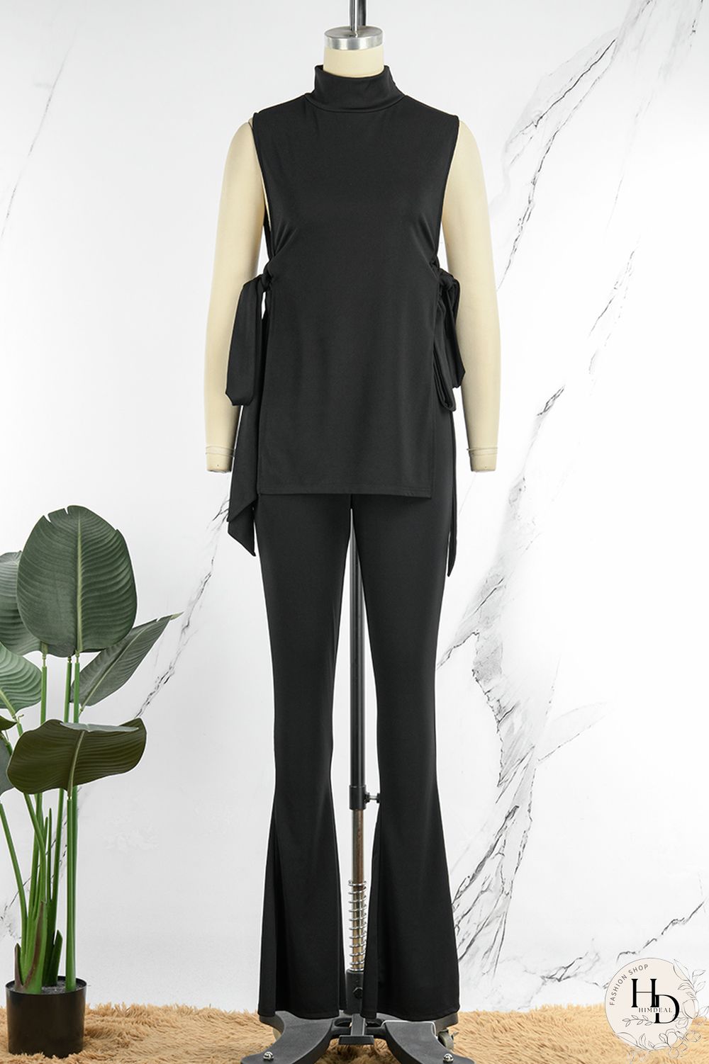 Black Elegant Solid Bandage Hollowed Out Sleeveless Two Pieces