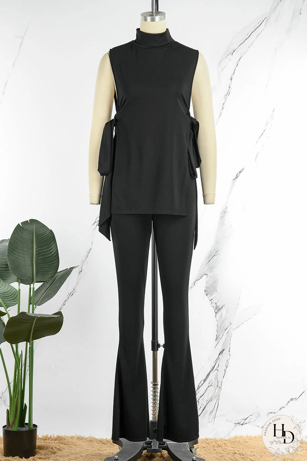 Black Elegant Solid Bandage Hollowed Out Sleeveless Two Pieces