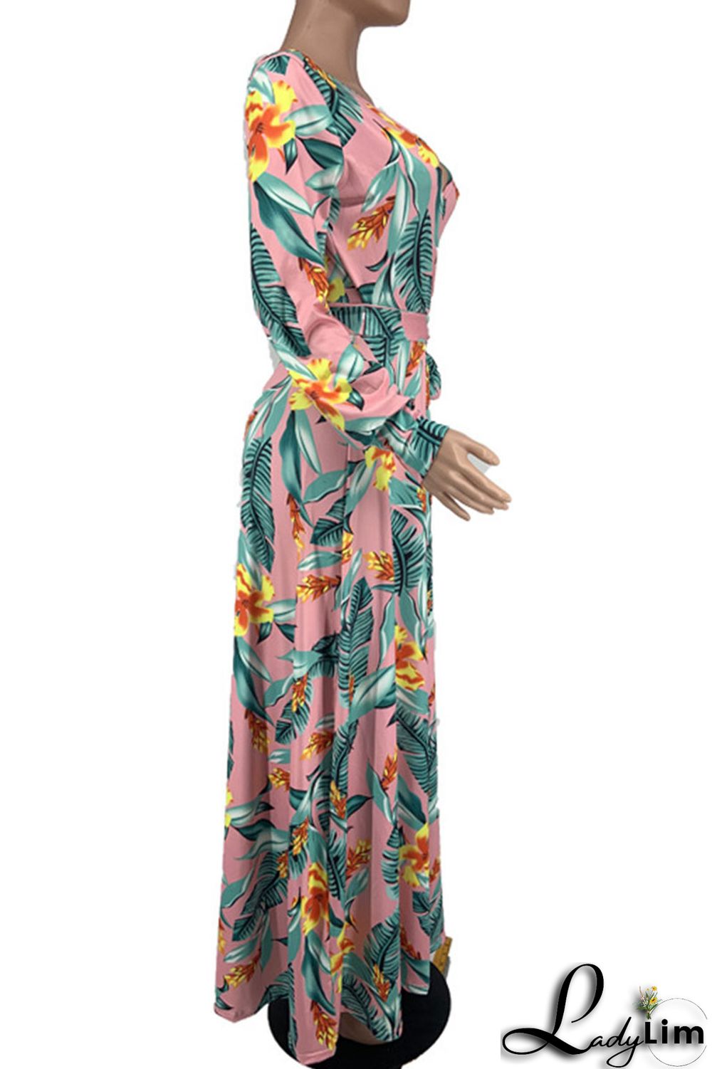 Pink Sweet Elegant Print Patchwork V Neck Straight Dresses