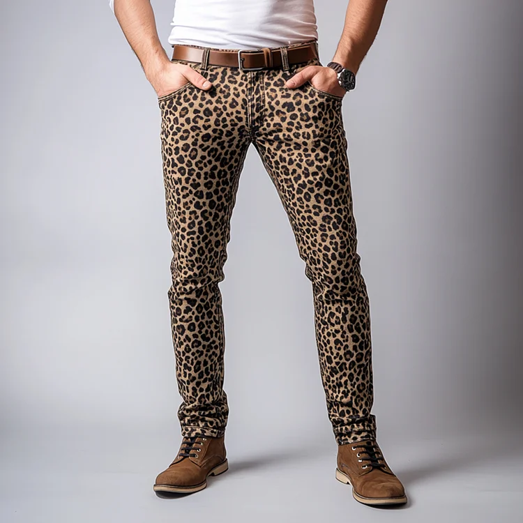 Okaywear Leopard Pattern Pocket Straight Denim Jeans Okaywear