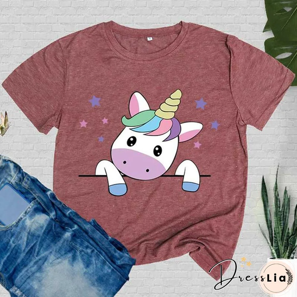 Women T-Shirt Unicorn Print Short Sleeve Casual Tee Round Neck Tops