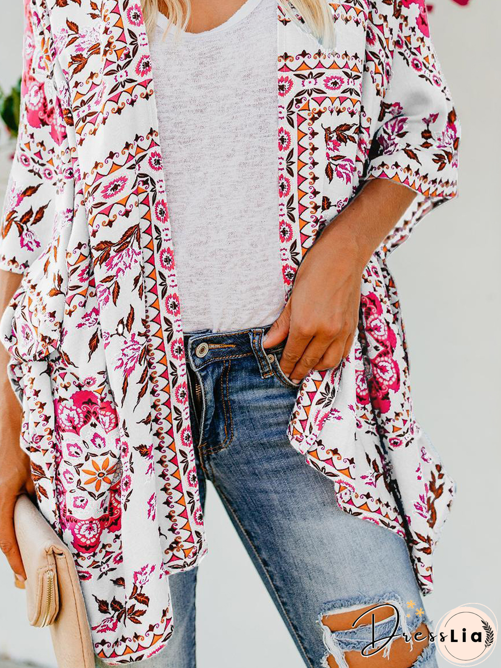 Boho Geometric Tribal Floral Collarless Off Shoulder Loosen Cardigan