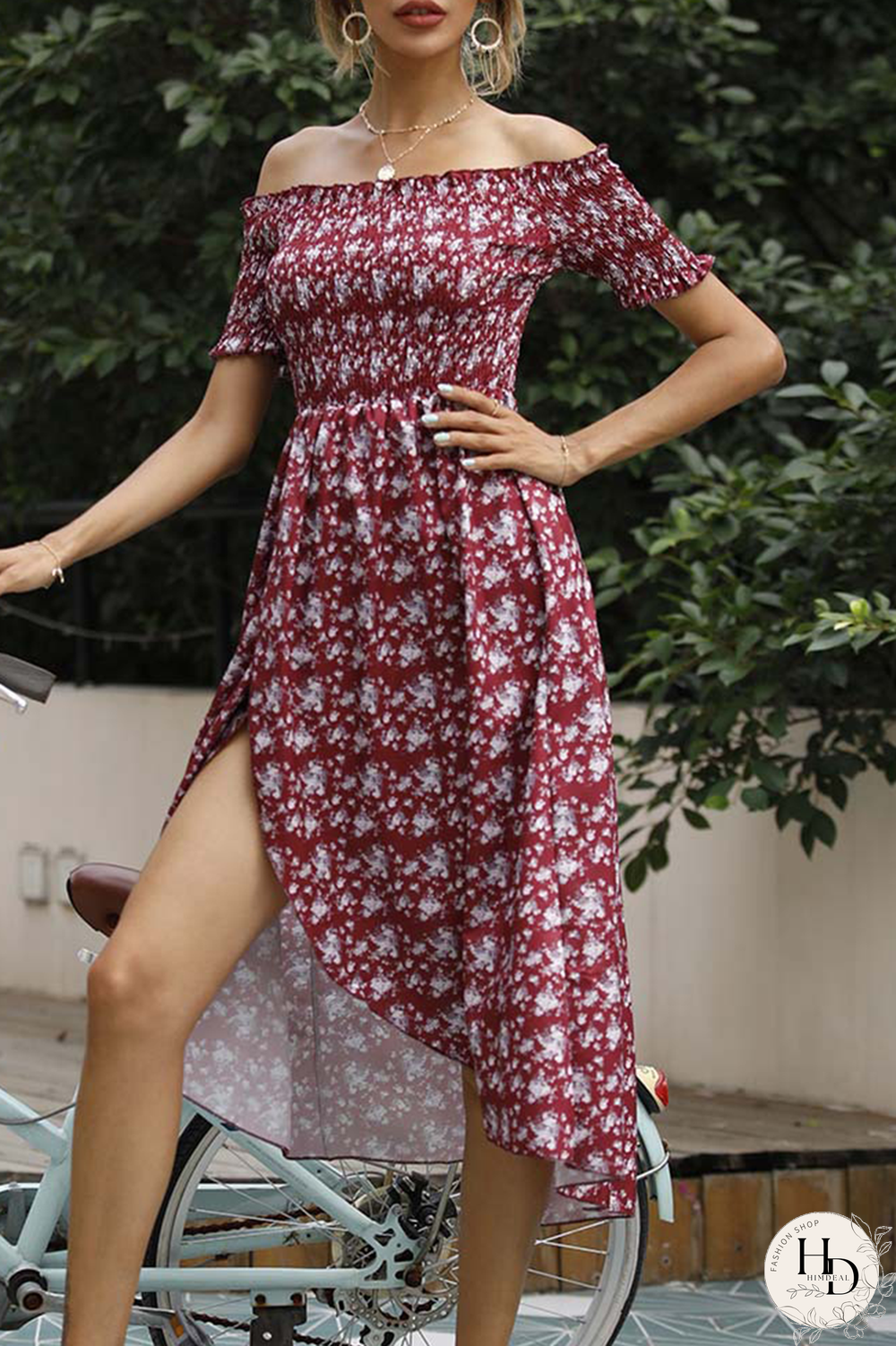 Elegant Floral Split Joint Off the Shoulder A Line Dresses