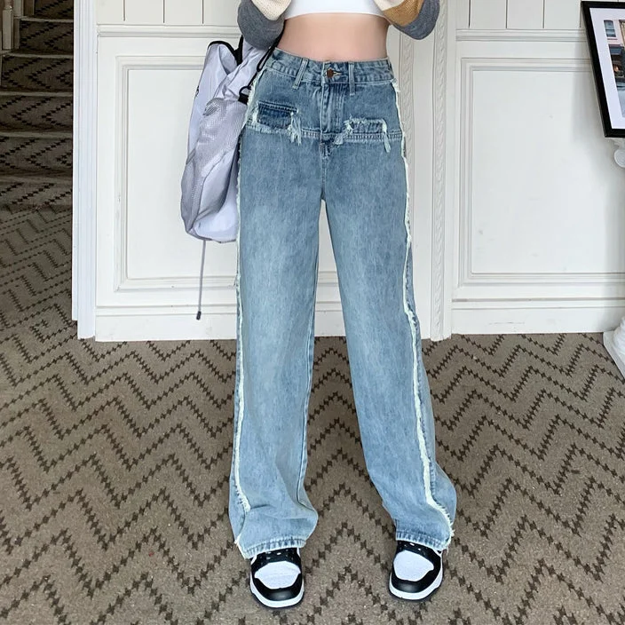 Wide-Leg Raw-Edged High-Rise Loose-Fit Blue Jeans