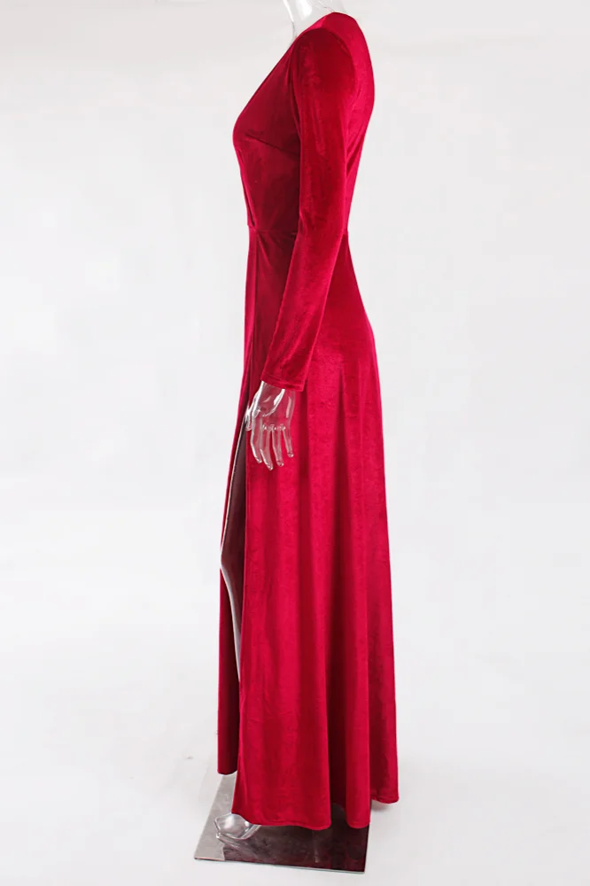 Burgundy Velvet V-Neck Long Sleeve Prom Dress With Slit