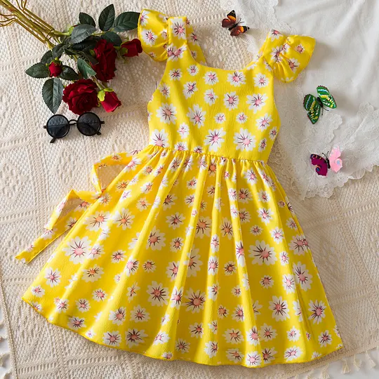 【2Y-7Y】Girls' Cute Daisy Print Princess Dress