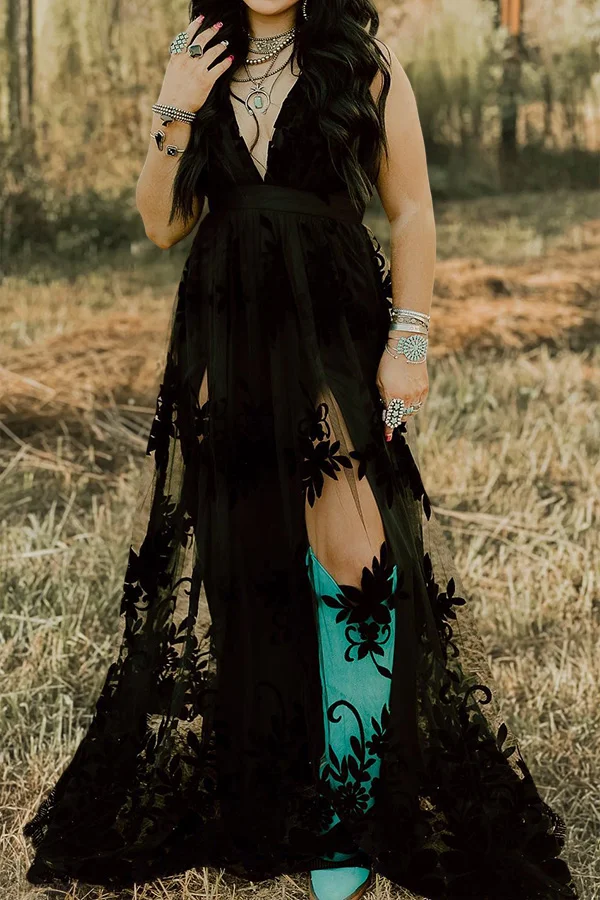 Beautiful V-Neck Floral Pattern Mesh Dress
