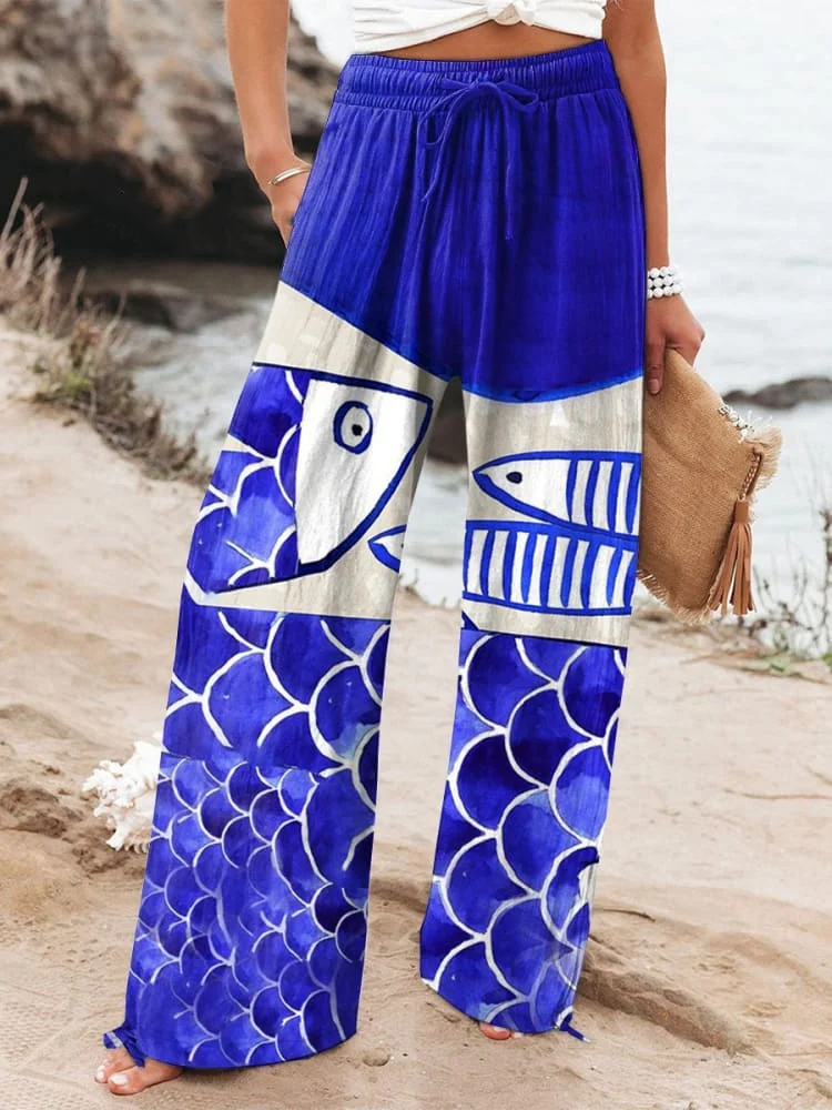 Women's  Fish  Art Printed Cotton And Linen Casual Pants