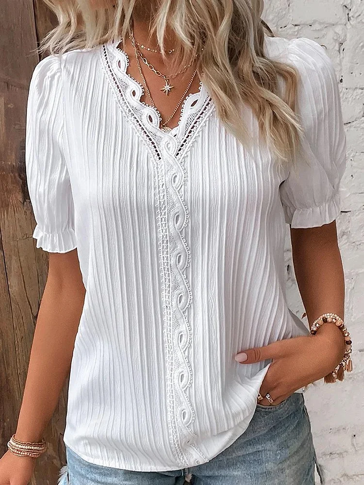 Women's 2024 Casual Shirt Lace V-Neck Short Sleeve Solid Shirt