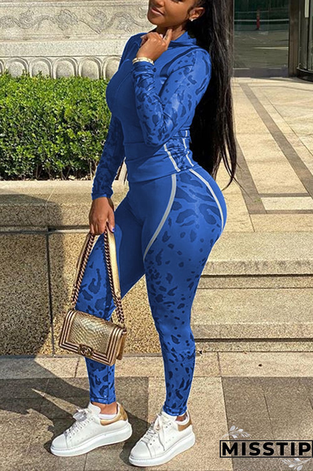 Fluorescent green Fashion Sports Camouflage Print Hooded Long Sleeve Two-Piece Suit