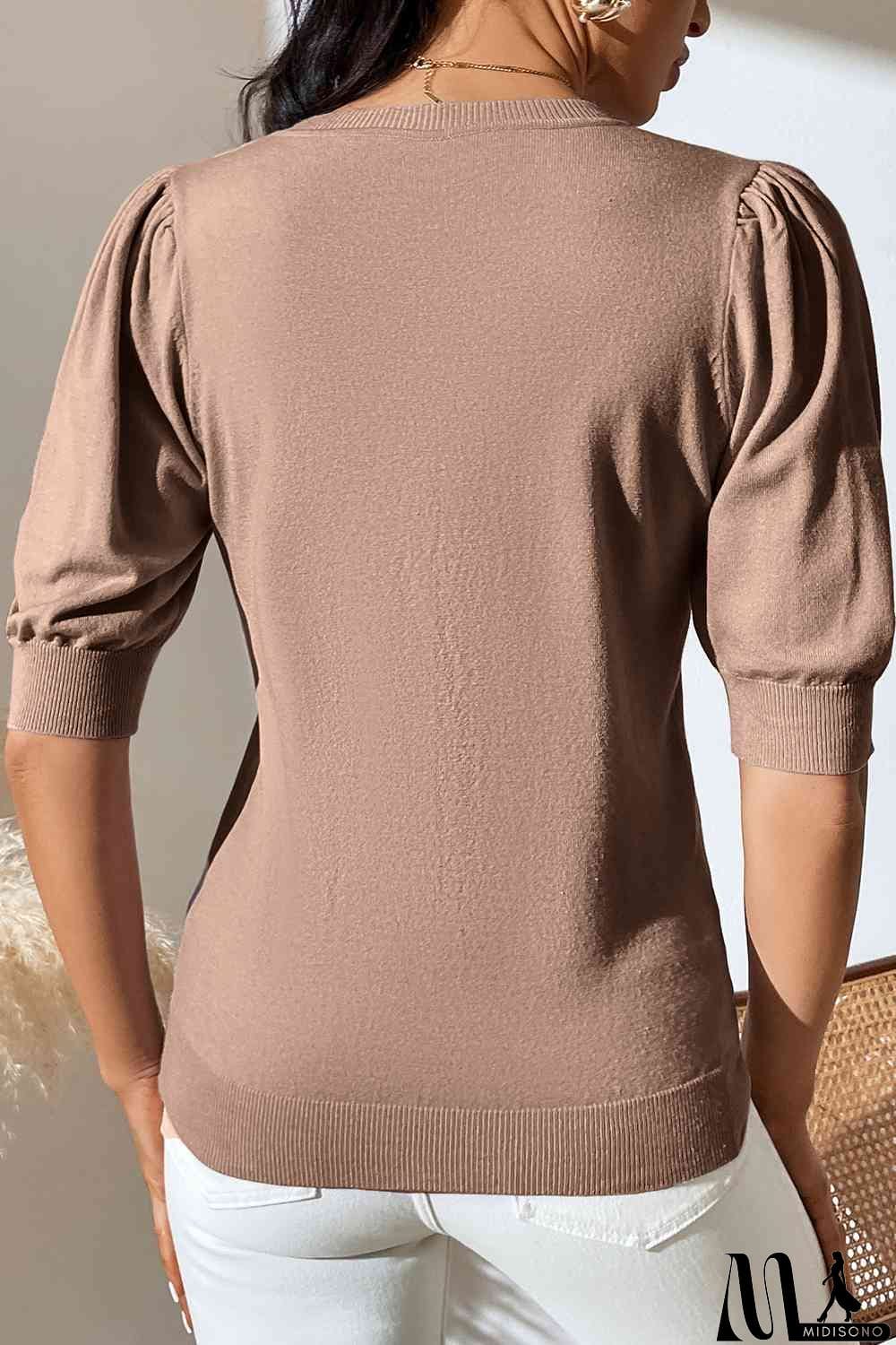MidiSono - Round Neck Puff Sleeve Knit Top