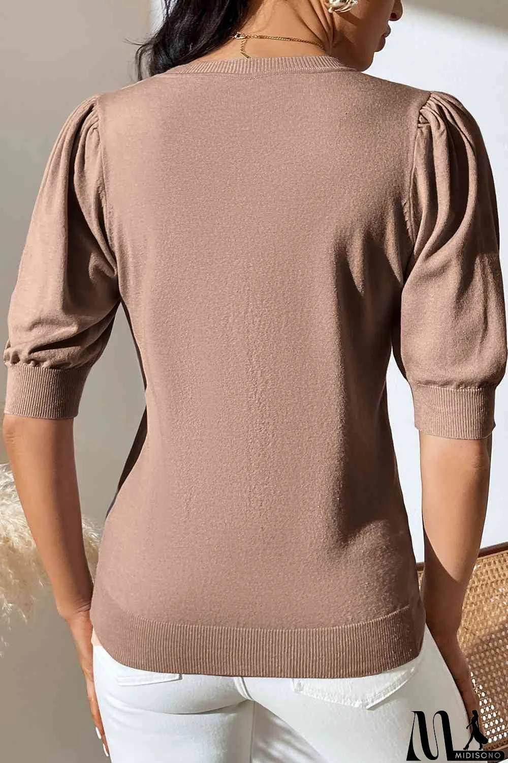 MidiSono - Round Neck Puff Sleeve Knit Top
