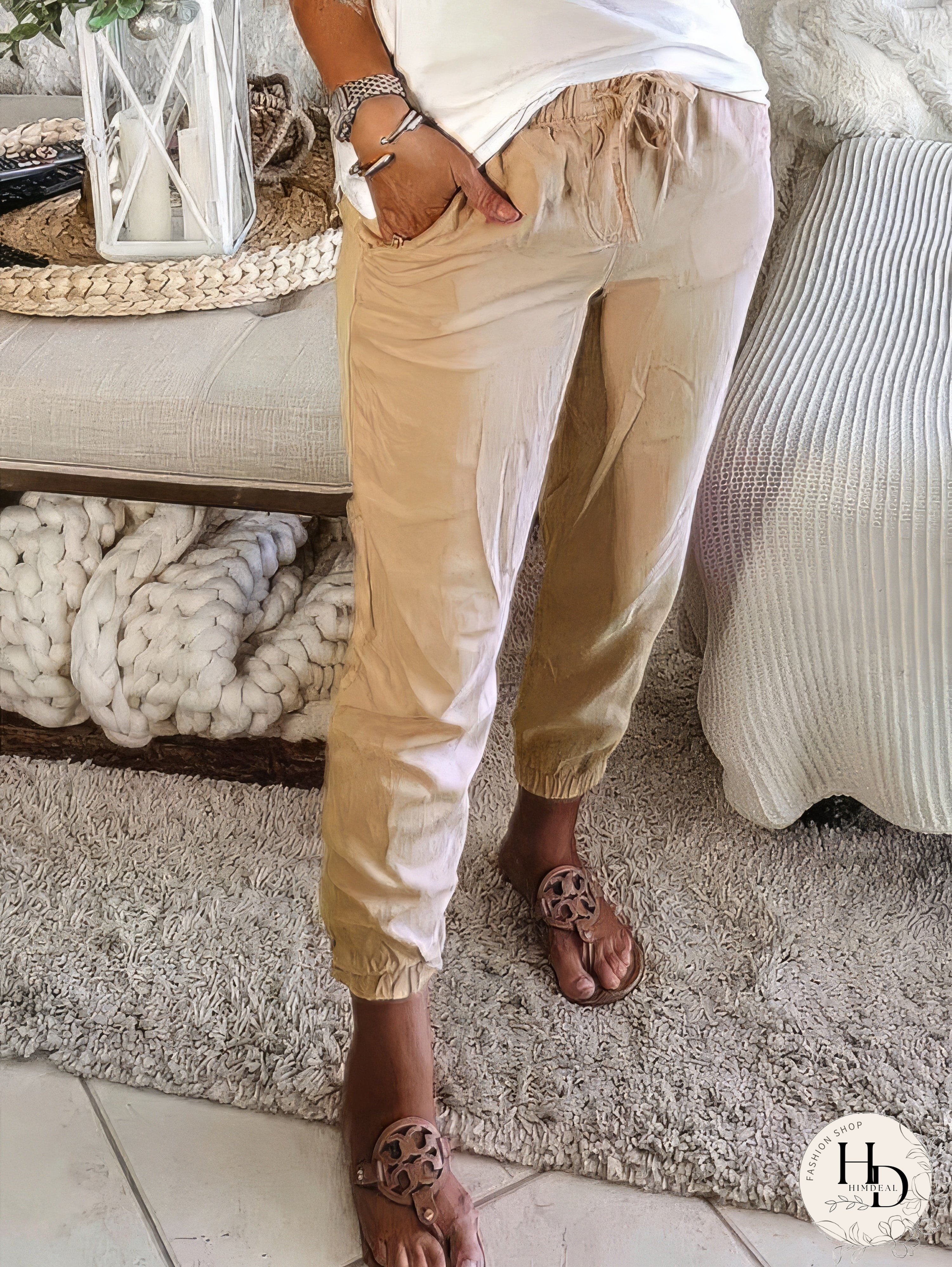 Women's Elastic Waist Linen Pants with Pockets