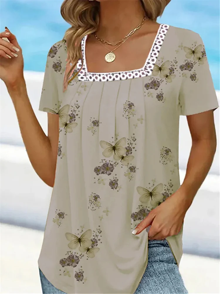 Classy Butterflies Hollow Lace Patchwork Pleated T Shirt