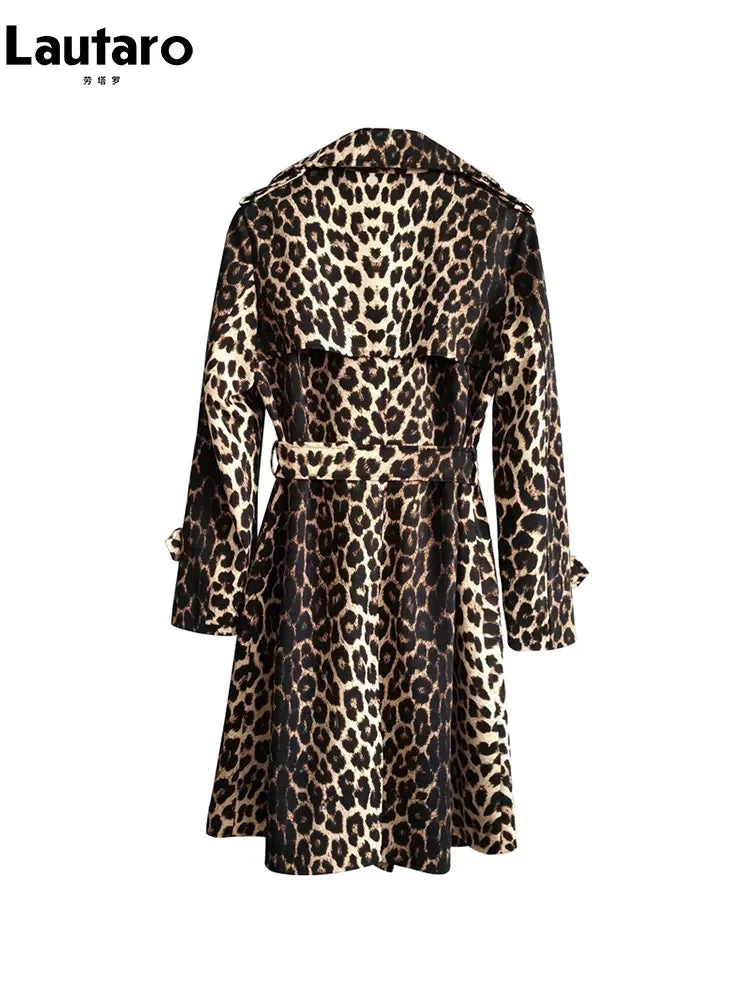 Huiketi Spring Autumn Long Stylish Leopard Print Trench Coat for Women Belt Double Breasted Casual Luxury Designer Clothes 2023
