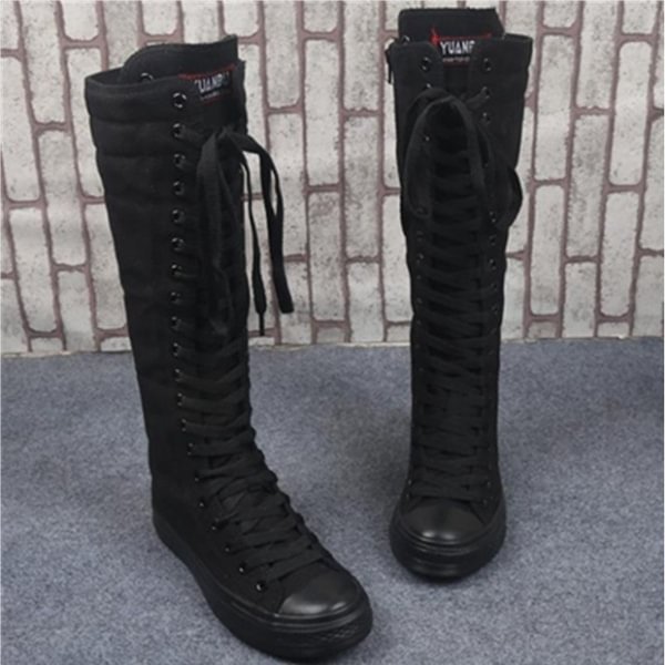 Women Motorcycle Flat Tall Punk Shoes Hot Sale Womens Knee High Boots Ladies Canvas Lace Up Zipper Boots Autumn Woman Shoe