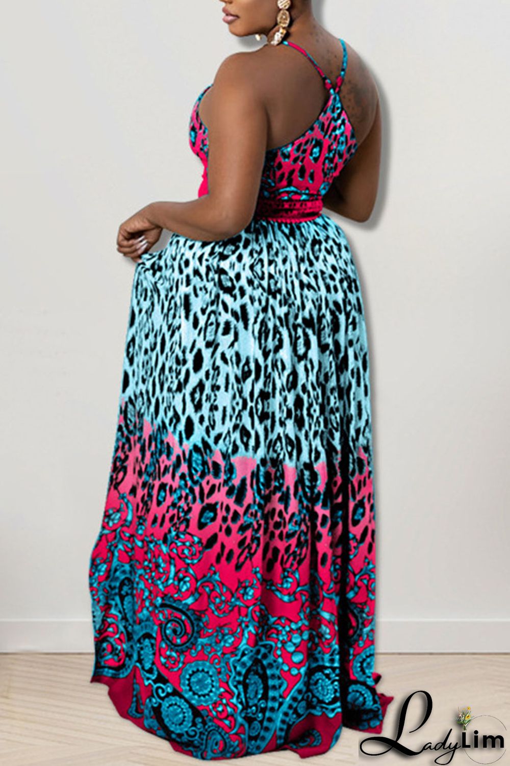 Blue Sexy Print Patchwork Slit Fold Spaghetti Strap Straight Dresses