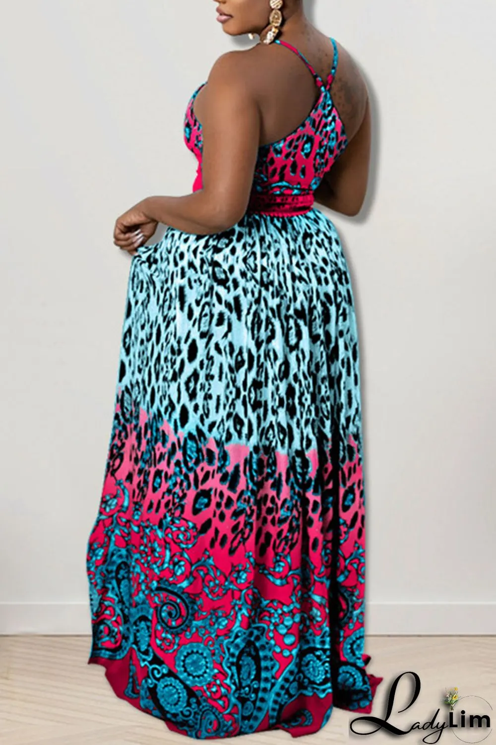Blue Sexy Print Patchwork Slit Fold Spaghetti Strap Straight Dresses