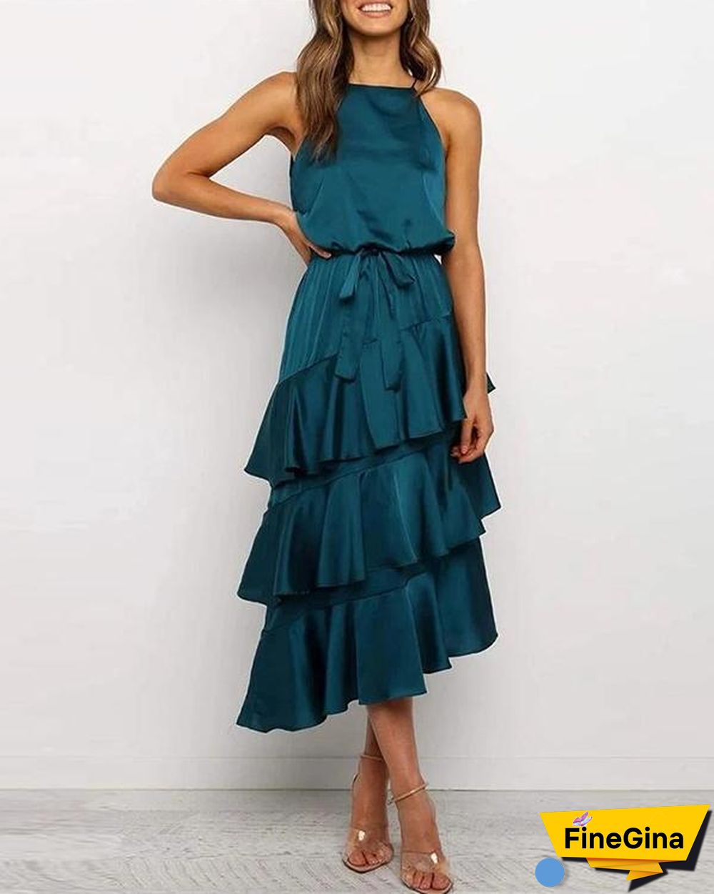 Elegant Solid Irregular Layered Skirt Tie Waist Maxi Dress