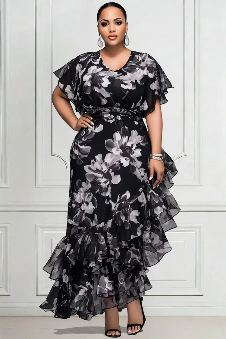 Xpluswear Design Plus Size Formal Black Floral V Neck Short Sleeve Ruffle Tiered Chiffon Maxi Dresses [Pre-Order] 2024 - Xpluswear