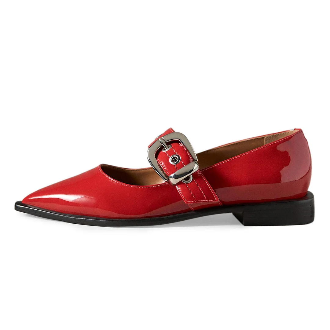 Red Patent Leather Buckle Strap Mary Jane Flats with Pointed Toe