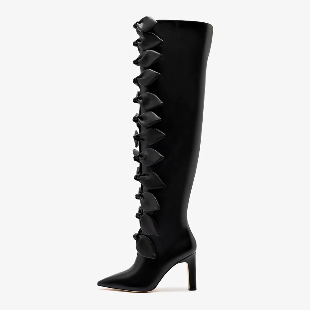 Women's Black Wide Calf Chunky Heel Pointed Toe Boots with Bow Ties