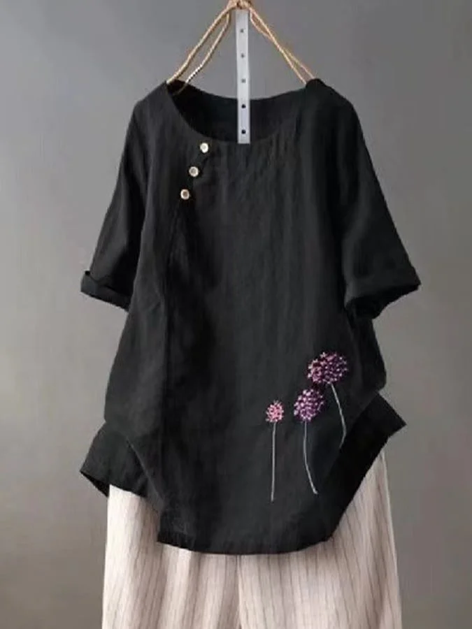 Women'S Embroidered Cotton And Linen O-Neck Button Short Sleeve Blouse