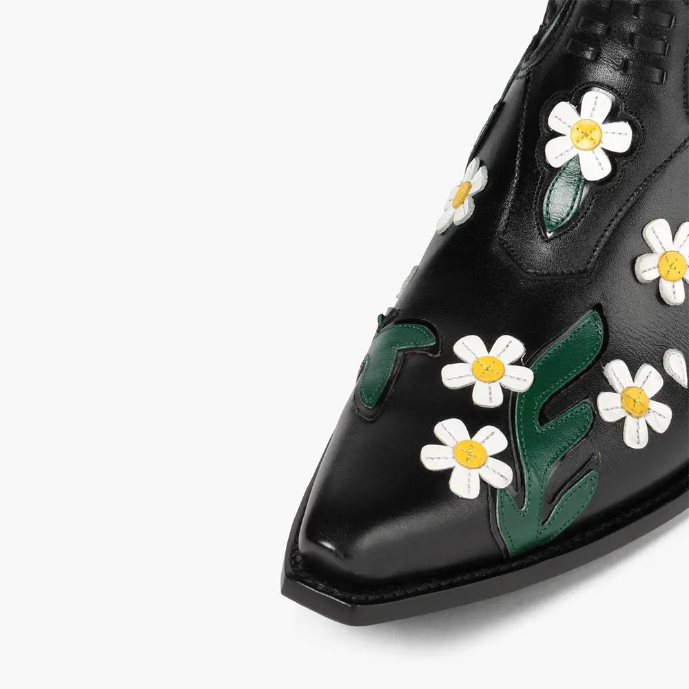 Snip Toe Block Heel Floral Short Black Cowgirl Boots for Women