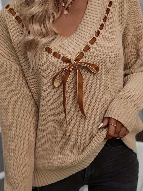 Athvotar Athvotar Autumn And Winter Women's Sweater V-Neck Bow Tie With A Hundred Sets Of Clothes On The Head